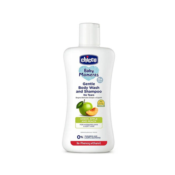 Chicco Baby Moments Gentle Bodywash & Shampoo with Green Apple & Peach Dermatologically Tested Parabens & Phenoxyethanol Free - 200 ml